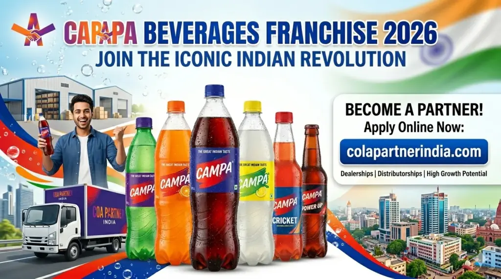 Campa Beverages Franchise 2026 Partnership Banner with Products and Delivery Truck.