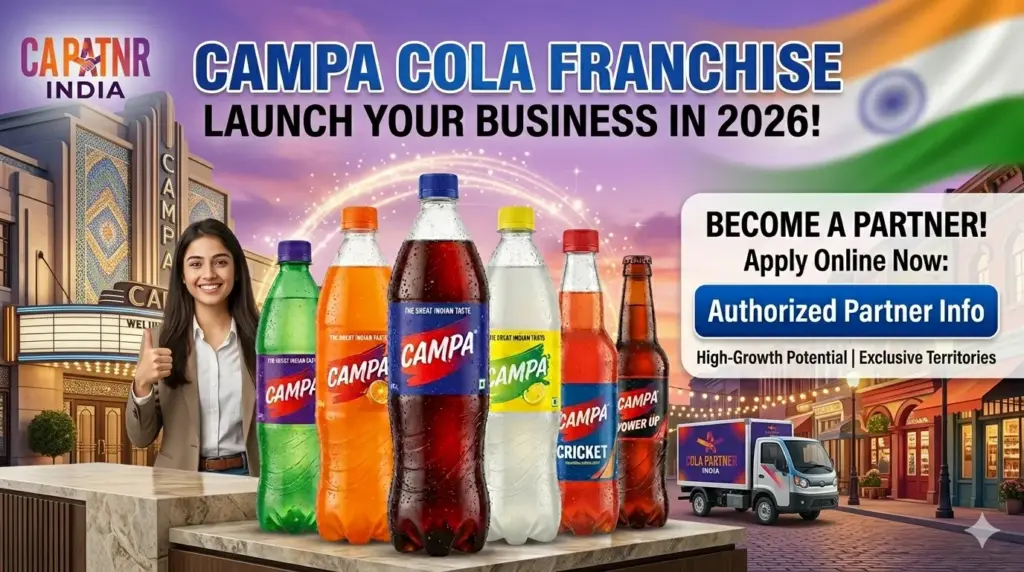 A Campa Cola Franchise opportunity marketing banner for 2026. The image shows a variety of Campa drink bottles, a thumbs-up smiling female entrepreneur, a modern movie theater in the background, and a delivery truck. Text includes 'CAMPA COLA FRANCHISE', 'LAUNCH YOUR BUSINESS IN 2026!', and a call to action to 'BECOME A PARTNER!' with details for colapartnerindia.com.