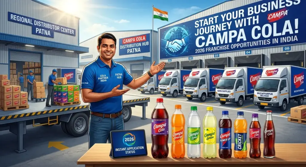 Authorized Campa Cola dealership manager presenting a regional distributor center warehouse in Patna with multiple commercial loading bays, logistics delivery vans, auto-rickshaws, and a full premium beverage product line display.