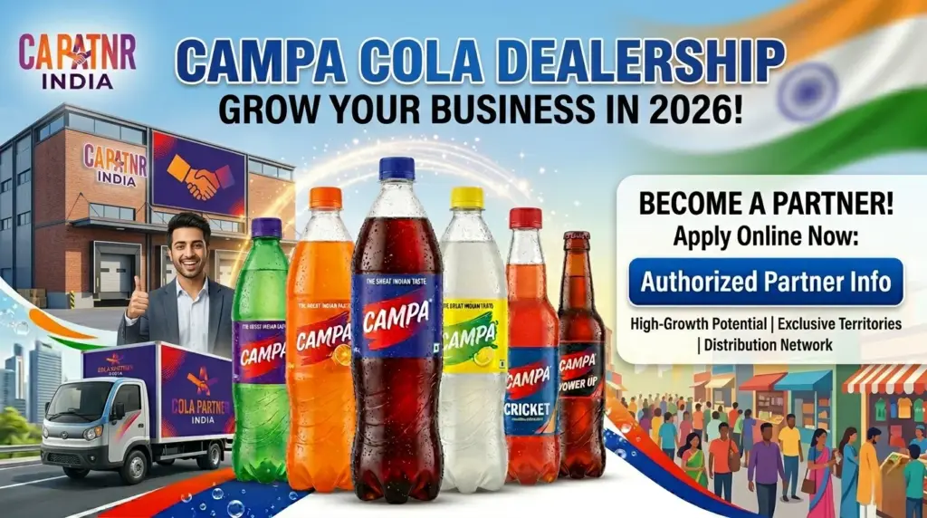 Authorized Campa Cola Dealership business opportunity banner for 2026 showing multiple beverage bottles, a delivery truck with a handshake logo, a professional warehouse, and a diverse Indian market in Mumbai