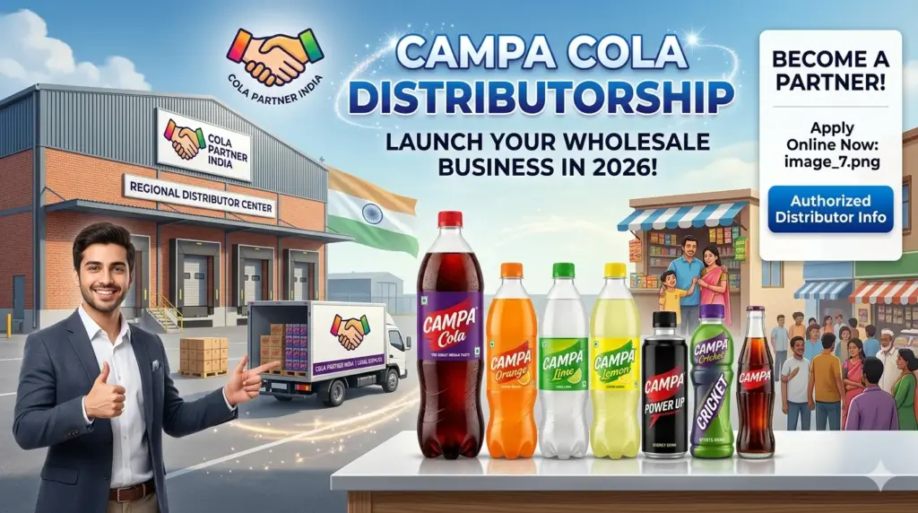Authorized Campa Cola Distributorship banner showing a regional distributor center warehouse, delivery truck, full beverage product line, and local retail market network in India for 2026.