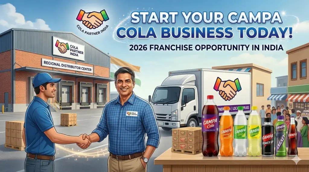 Authorized Campa Cola Business banner showing two Indian business partners shaking hands in front of a regional distributor center warehouse, delivery logistics truck, and full beverage line in 2026.